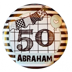 Button met tekst ''50 Abraham'' 56mm.